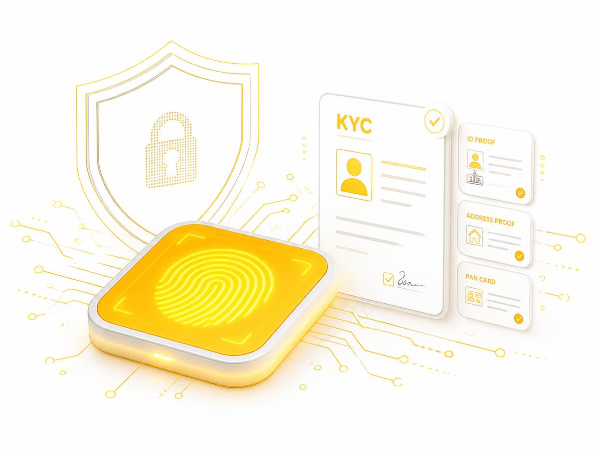Yellow fingerprint scanner beside approved KYC documents on a white background