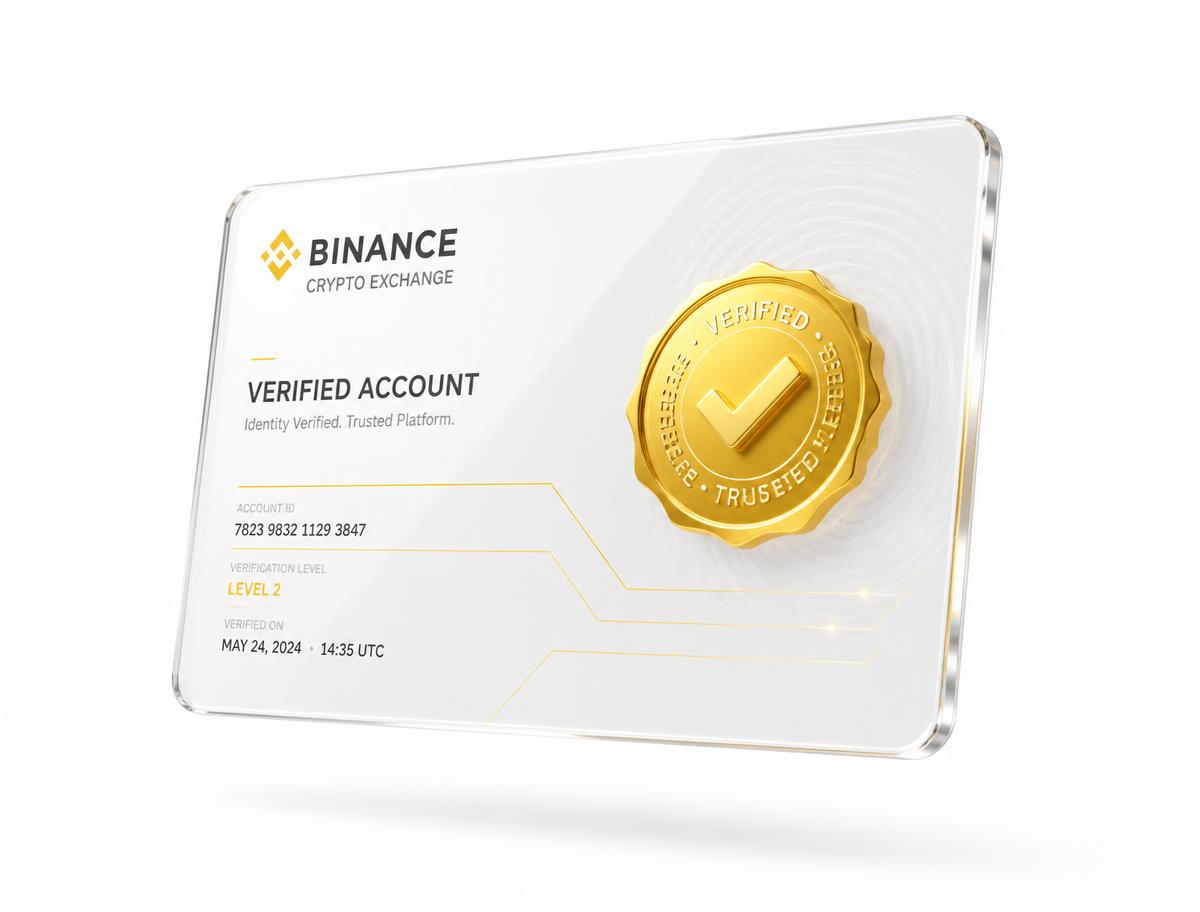 Glass card showing a verified crypto exchange account with a gold verification badge